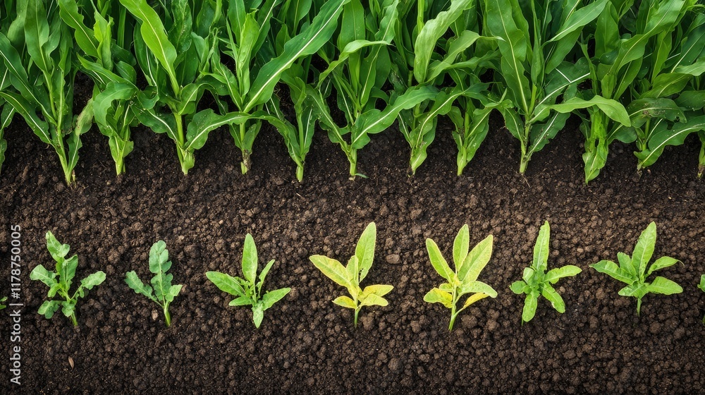 Poster diverse corn growth displaying varying stages of development in a rich soil field top view