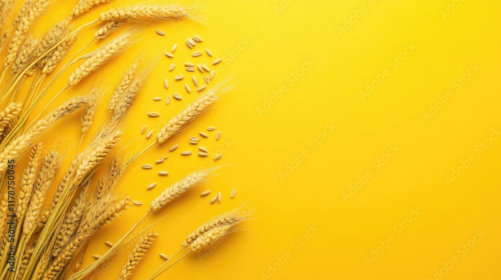 Aufkleber wheat stalks and seeds on bright yellow background minimalist design with empty space for text or br