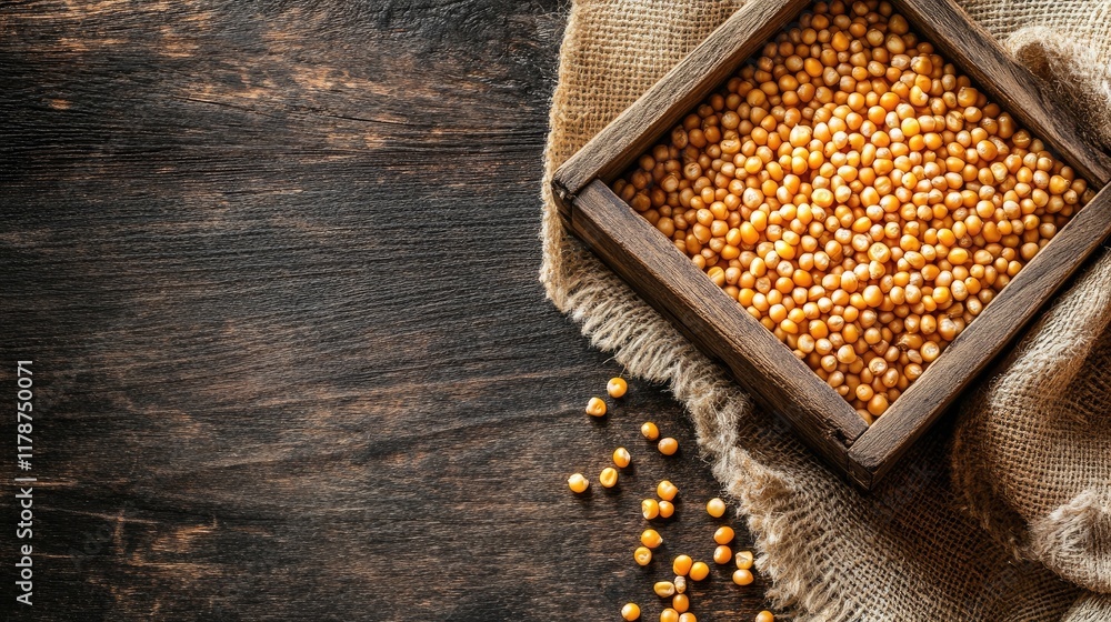 Poster golden corn kernels in rustic wooden box on weathered table with burlap texture and scattered seeds 