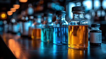 Row of colorful glass bottles filled with liquids on a reflective surface, showcasing vibrant colors and creating a scientific and artistic atmosphere.