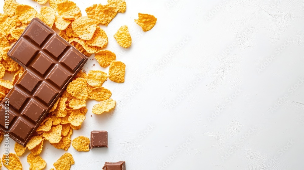 Aufkleber cornflakes and chocolate bars on a white background showing delicious breakfast options with empty s
