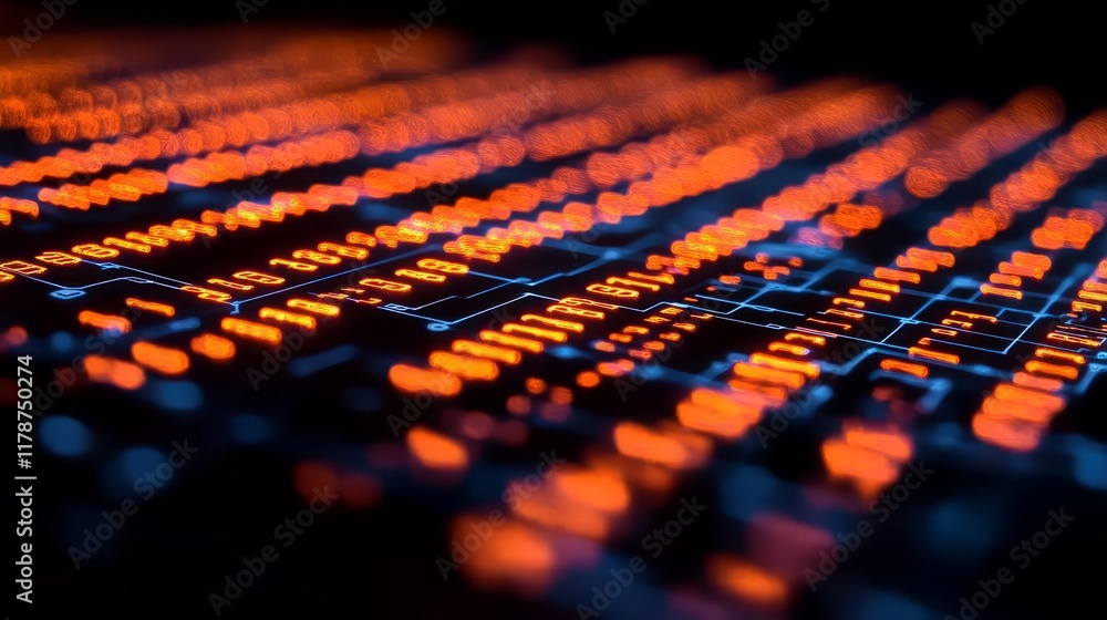Poster close-up of a digital display with vibrant orange and blue lights showcasing data patterns.