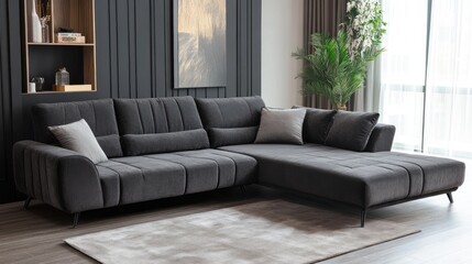 Fototapeta premium Modern Scandinavian corner sofa bed with plush pillows in stylish living room interior featuring empty copyspace for text or branding