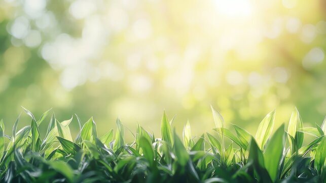 Lush Green Grass with Sunlit Background Natural Texture for Freshness and Calmness in Nature Photography