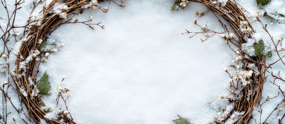 Poster woven willow twig frame adorned with leaves and flowers in a snowy forest showcasing a fragrant natu