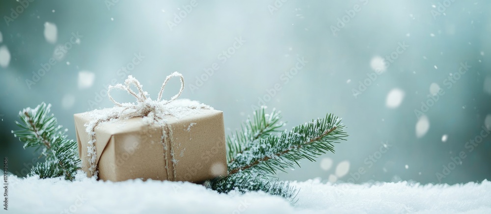 Poster gift box adorned with pine branch in a snowy landscape with space for text in a festive winter setti
