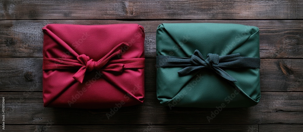 Poster scandinavian style wrapped christmas gifts in red and green on dark wooden background top view with 