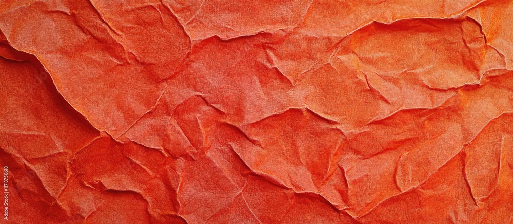 Poster textured crumpled paper background in vibrant orange color with ample whitespace for design or text 