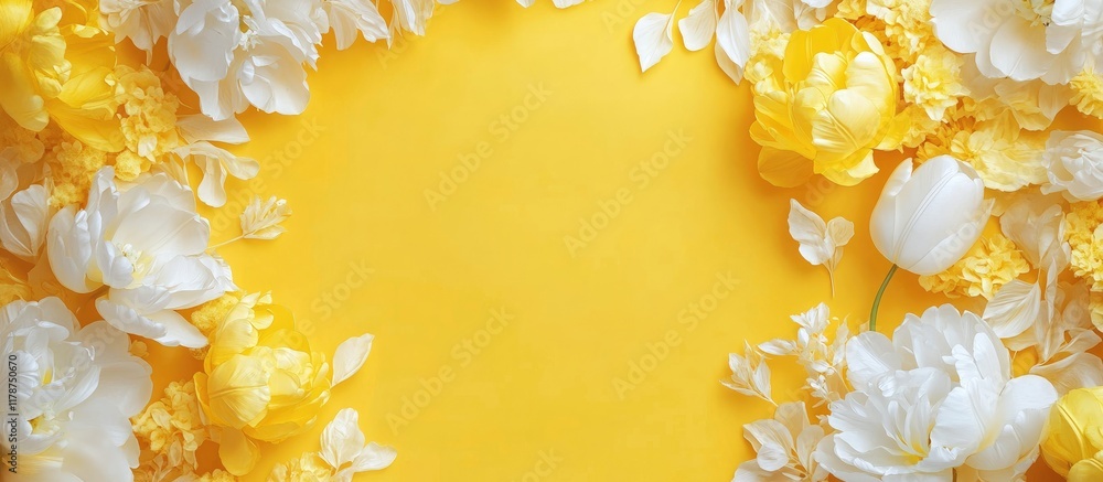 Poster yellow and white tulip floral frame over a bright background with ample empty space for text and des