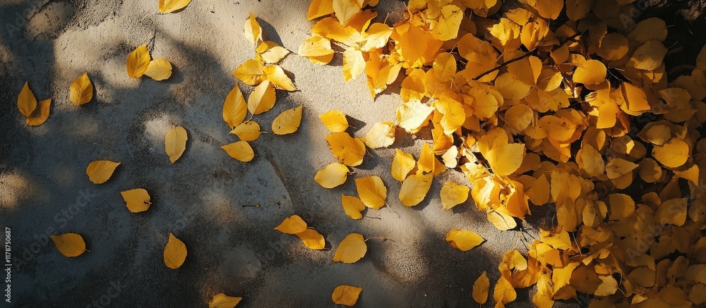 Poster golden autumn leaves scattered on ground in sunny backyard creating a serene fall atmosphere with sp