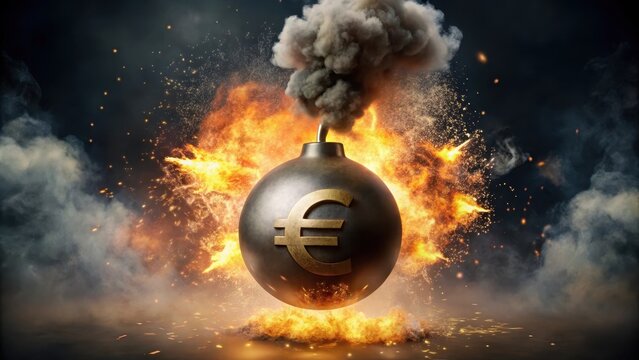 Explosive Euro bomb symbolizing economic crisis and instability, financial collapse, currency devaluation