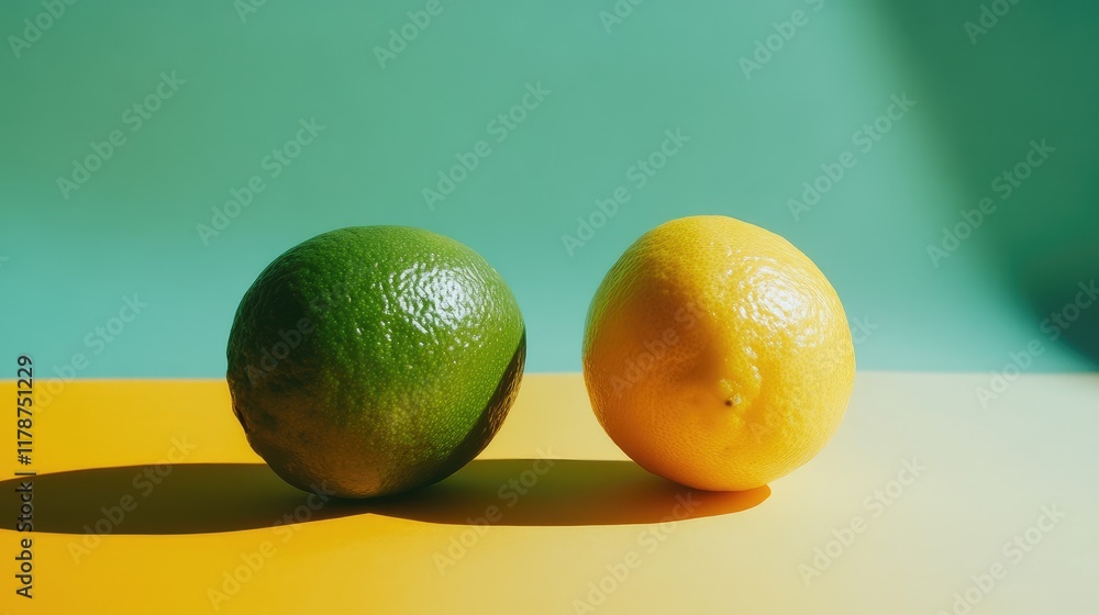 Poster fresh lemon and lime fruits side by side isolated on vibrant background with soft lighting and shado
