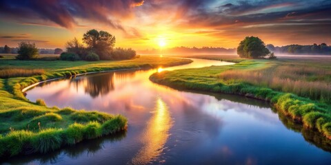 Obraz premium Glowing river winding through tranquil landscape with a serene atmosphere, river, flowing, glowing, serene, calm, landscape
