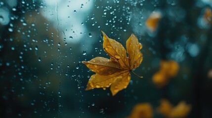 Yellow autumn leaf with raindrops on window glass featuring a blurred forest background during a rainy day in a poetic atmosphere
