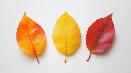Vibrant autumn leaves arrangement featuring a yellow leaf nestled between red and orange leaves on a neutral background