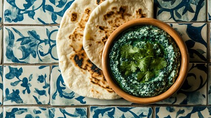 A Mediterranean-style spirulina dip with pita bread, isolated on a tiled blue-and-white backdrop