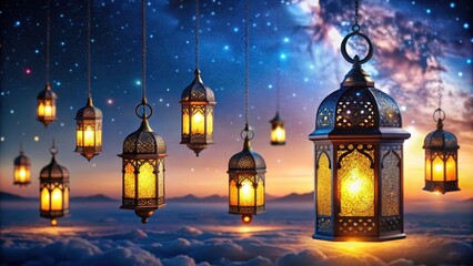 Fototapeta premium Ramadan lanterns glowing under the night sky , Ramadan, lanterns, hanging, night sky, decorations, Islamic