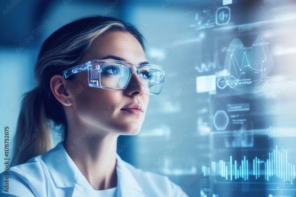 Poster expert in augmented reality glasses analyzing data in a modern laboratory setting