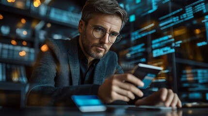 Obraz premium Focused businessman analyzing data on a smartphone in a modern office.