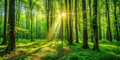 Green lush forest with sunlight streaming through the trees in summer Europe , green, forest, summer, Europe, nature, trees
