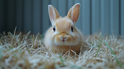 A cute rabbit resting on straw, showcasing its fluffy fur and inquisitive expression.