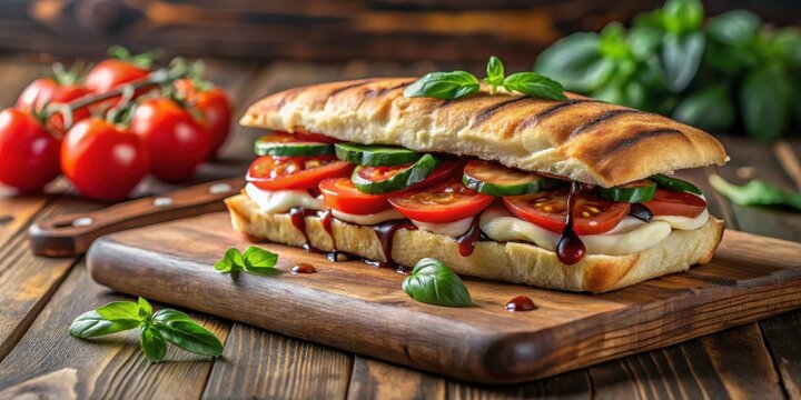 Capresse focaccia sandwich with fresh tomatoes, mozzarella, basil and balsamic glaze on a wooden board , capresse