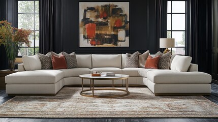 An elegant living room setup with a modern sectional sofa, a chic area rug, and artistic wall decor, highlighting contemporary interior design