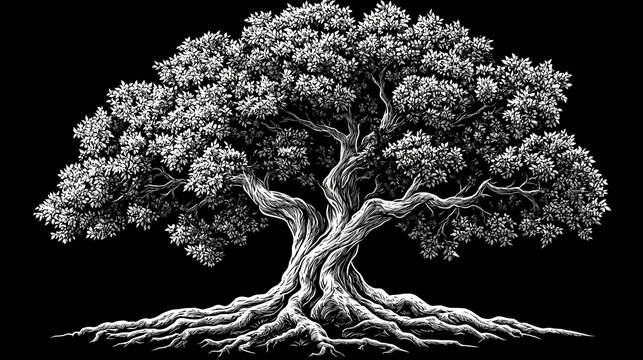 Detailed illustration of an ancient, large olive tree with extensive roots, on black background.