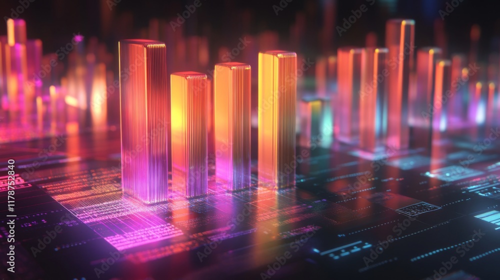 Leinwandbilder a d bar chart with metallic, gradient bars rising from a financial graph, showing growth and progres
