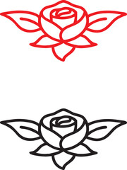 Simple rose design, minimalist floral illustration, bold red outline, black and white version, stylized petals and leaves, symmetrical composition, graphic art, tattoo-style, clean lines, iconic rose 