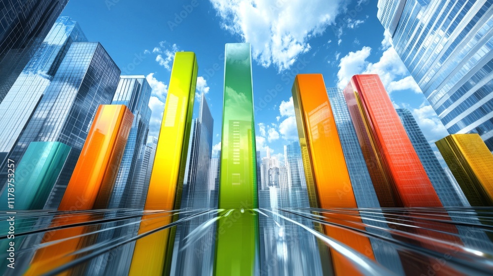 Fototapete A D bar graph with tall, glossy pillars in various colors rising from a reflective surface, symbolizing financial growth and performance analysis