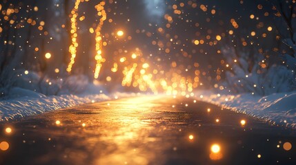 Soft blurred bokeh lights twinkling gently above a quiet forest road covered in snow evoking a tranquil seasonal holiday ambiance