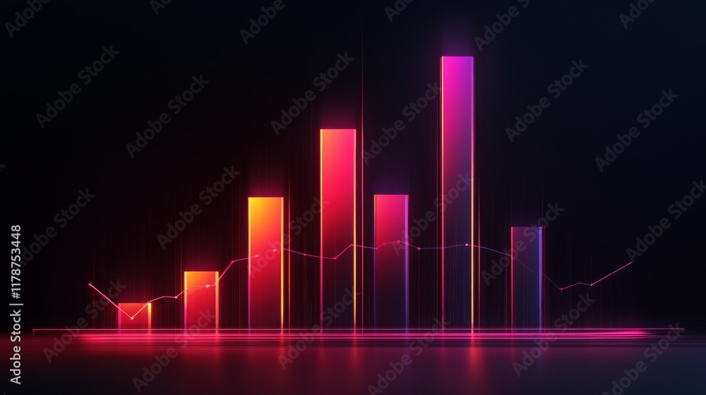 Poster a d financial bar chart with sleek, glowing bars rising dramatically against a dark backdrop, with s