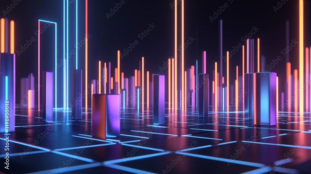 Poster A D financial chart with rising columns and a glowing trendline, placed over a sleek digital grid with futuristic design elements