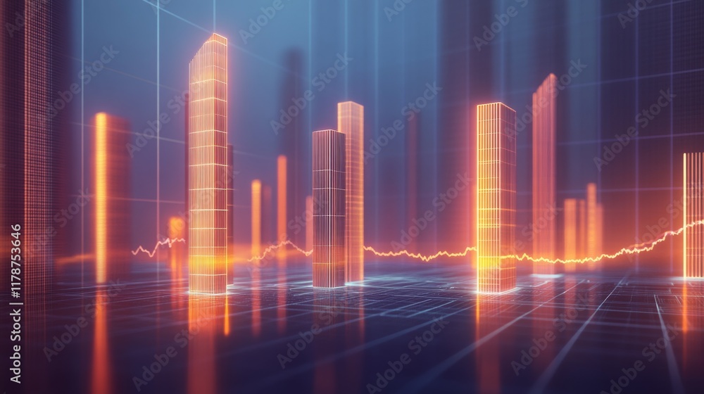 Poster A D financial chart with rising columns and a glowing trendline, placed over a sleek digital grid with futuristic design elements