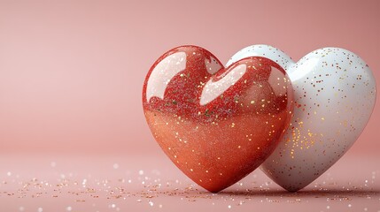 Fototapeta premium Two sparkling hearts on a soft pink background for love and romance themes.