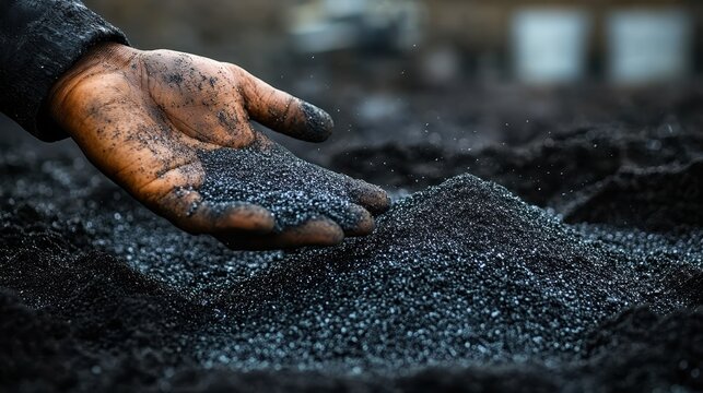 Close-up of a worker's hands holding black chromite sand, with the backdrop of a mine, showcasing raw materials, mining processes, and industrial labor