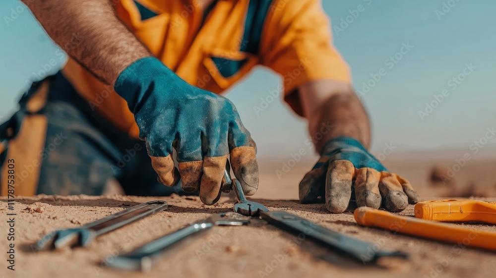 Poster repairman handyman efficiency concept. a worker using tools on a sandy surface in a desert environme