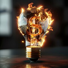 Increase in the cost of paying utility bills and electricity. Energy crisis, power blackout due to lack of resources. A light bulb with a burning dollar - as a symbol of rising prices, investments