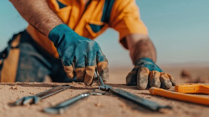 repairman handyman efficiency Concept. A worker using tools on a sandy surface in a desert environment.