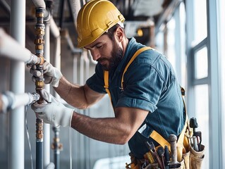 repairman handyman efficiency Concept. Skilled plumber working on pipes in a construction site with safety gear.