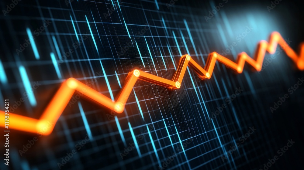 Poster A D financial line graph with smooth, curving lines connecting glowing points, showing a steady upward trend against a dark digital landscape