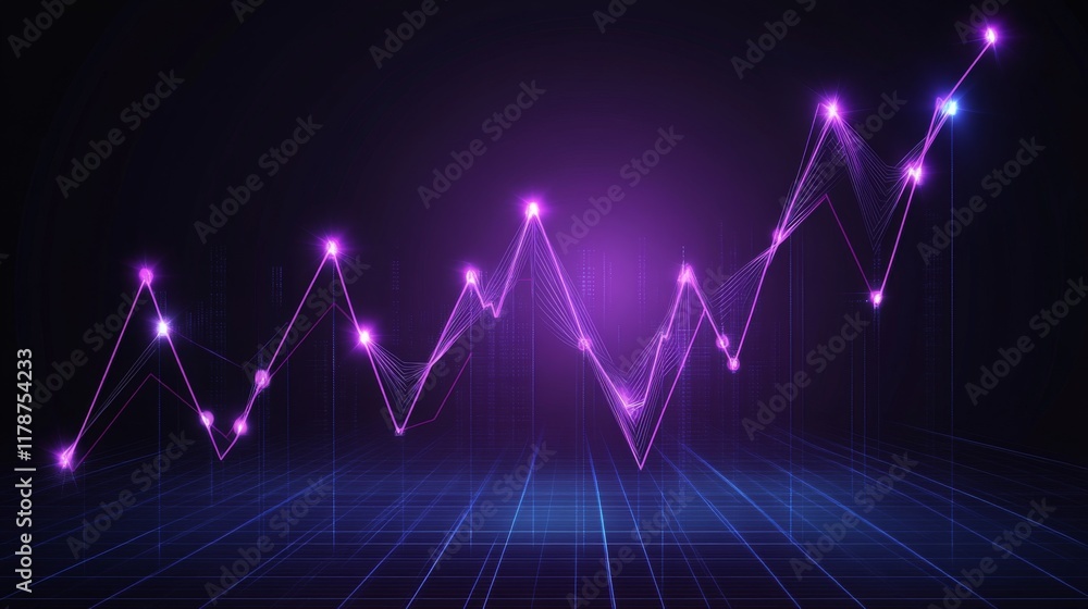 Poster A D financial line graph with smooth, curving lines connecting glowing points, showing a steady upward trend against a dark digital landscape