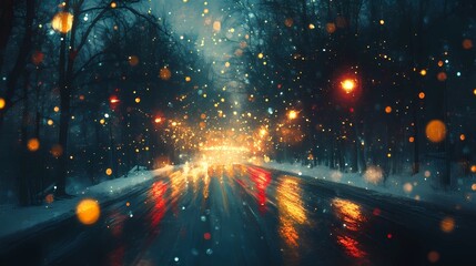 Soft blurred bokeh lights twinkling gently above a quiet forest road covered in snow evoking a tranquil seasonal holiday ambiance