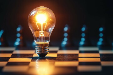 Bright light bulb illuminating a chessboard during a strategic game at night