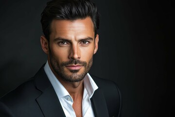 Stylish man poses confidently in a tailored suit with a focused expression against a dark backdrop