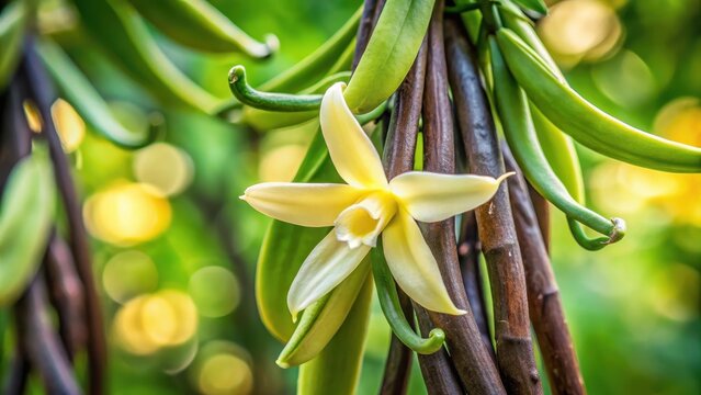 Vanilla planifolia flower and fresh beans on vine, vanilla, planifolia, flower, beans, pod, vine, growing, fresh
