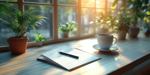 A cup of coffee beside a pen and an open journal, symbolizing reflective reading