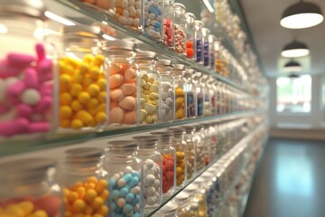 Fototapeta premium Numerous bottles with pills, capsules arranged on shelves, excessive medication use, polypharmacy