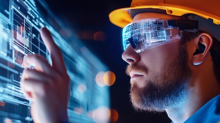 A man wearing augmented reality glasses interacts with digital data in an industrial setting.